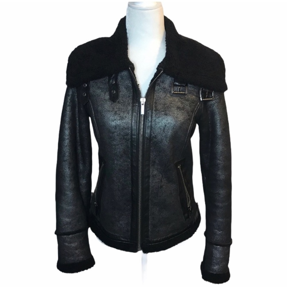 Michael Kors Lamb Wool Leather Jacket Coat Black S